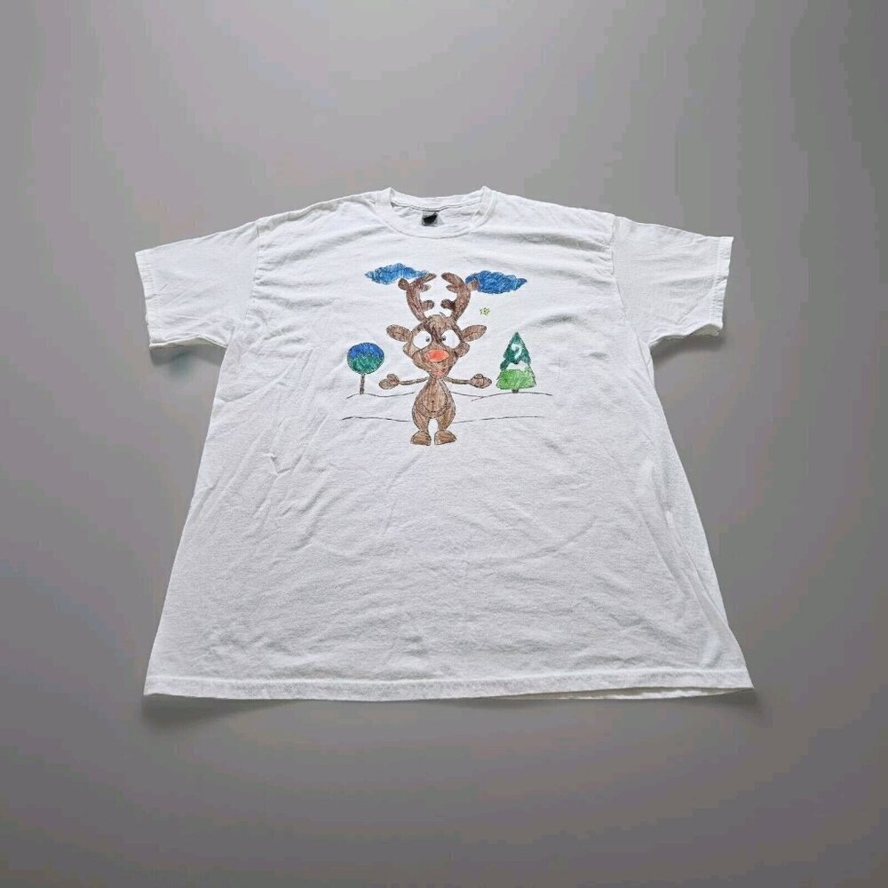 Gildan Mens T Shirt XL White XMas Rudolph The Red Nosed Reindeer Heavy Cotton